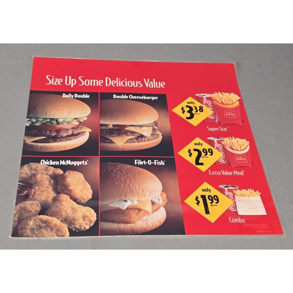 VTG McDonald's "Size Up Some Delicious Value" Translucent Menu Board Sign Insert